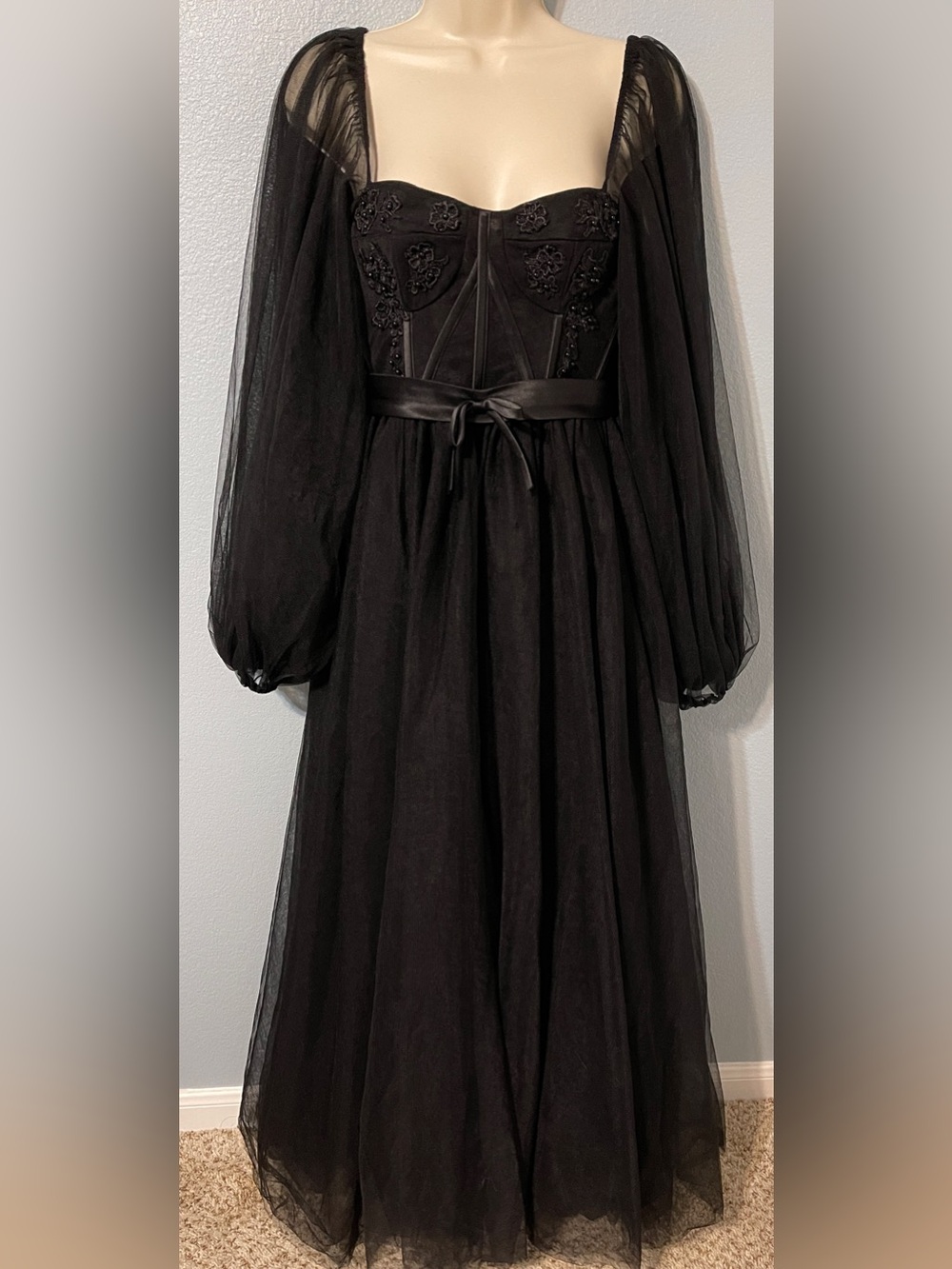 Black Gothic Corset Tulle Maxi Dress Sheer Puff Sleeve Dark Fairy Prom Renfair 4 - Picture 3 of 14